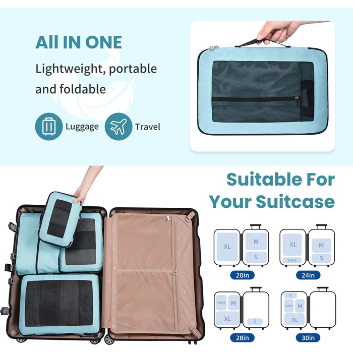 Набір компресійних органайзерів для подорожей з сіткою, розширювані пакувальні куби для одягу в валізу, 4 шт. (М'ятний)