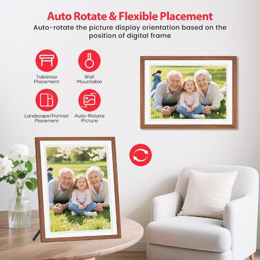 Frameo Цифровий фоторамка 10,1 дюйма, HD 1280*800 IPS сенсорний екран, 32GB пам'ять, автоповорот, Frameo App для обміну фото та відео, 15 дерев'яних текстур (білий)