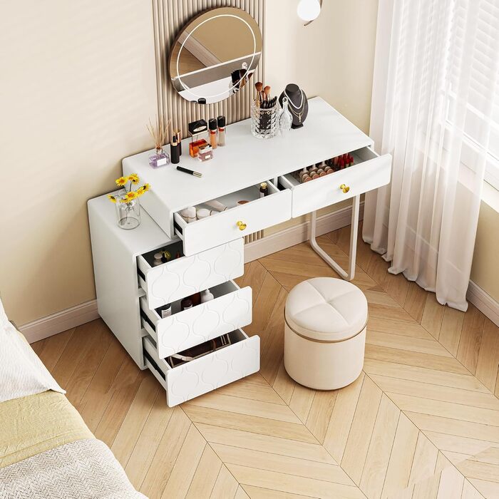 Сучасний туалетний столик ModernLuxe з дзеркалом та 5 висувними ящиками, 100x76x40 см (без табуретки)