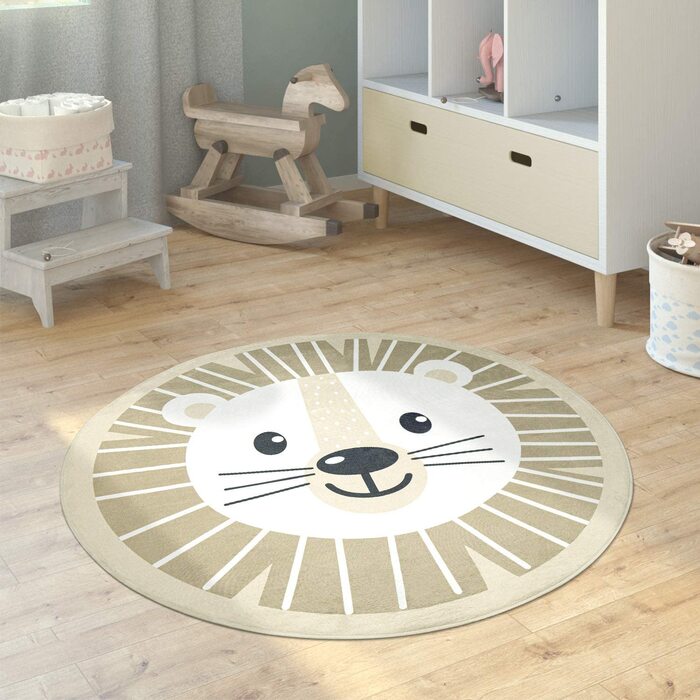 Домашній дитячий килимок Paco, килимок для дитячої кімнати, круглий ігровий килимок, нековзний Сучасний килимок із зображенням голови Лева місячної коали, розмір колір (120 см круглий, бежевий)