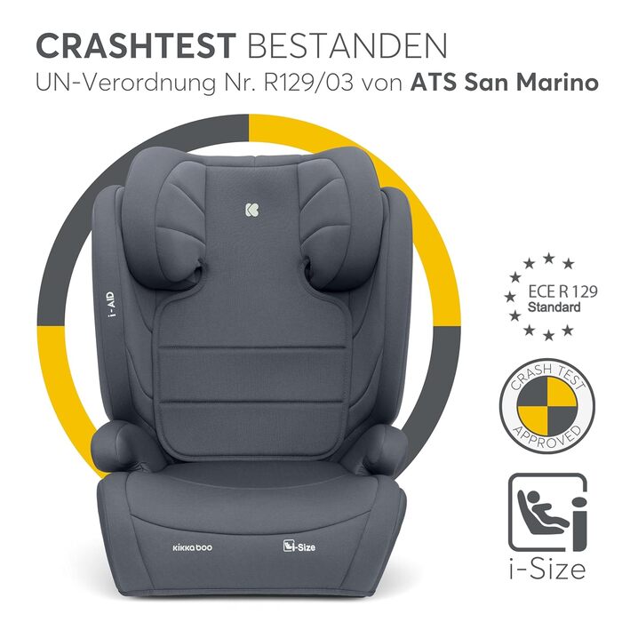 Автокрісло KikkaBoo 15-36 кг i-AID, група 2-3 (3-12 років), 100-150 см, без ISOFIX, регульована підголовник (сірий)