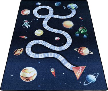 Дитячий килим HomebyHome з коротким ворсом, ігровий килим для дитячої кімнати, блакитна ракета з космічною планетою, колір розмір (80x120 см, темно-синій)