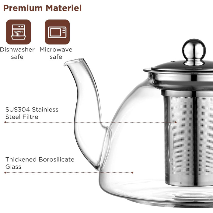Чайник Ehugos 1500 мл Товстий скляний чайник із ситечком з нержавіючої сталі Горщик з боросилікатного скла (1300 мл)