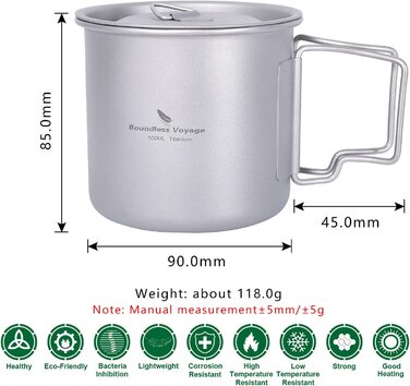 Титан iBasingo кухоль для кемпінгу, кавова чашка, чайна чашка з кришкою і складаний ручкою, 200 мл/300 мл/420 мл / 450 мл / 500 мл/600 мл/750 мл, легкий посуд для приготування їжі, для пікніка в приміщенні, офісу, повсякденний посуд для пиття (чашка Ti304