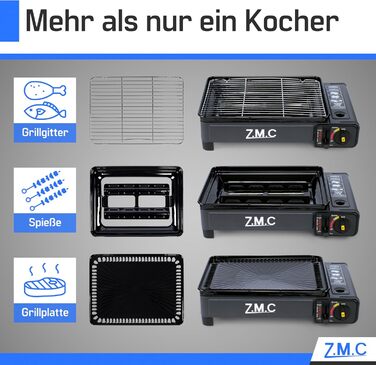 Z.M.C. 2-в-1 газовий набір для кемпінгу: плита та гриль з аксесуарами та кейсом. Газовий гриль та плита з пьезозапалюванням, 2.2kW, LPG-підключення