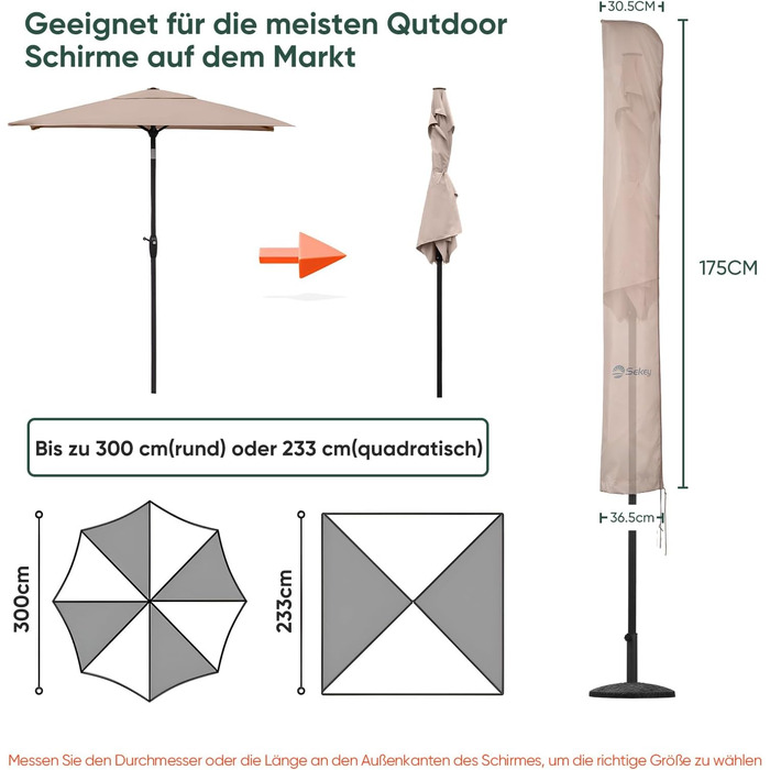 Чохол для парасольки 300 см Sekey Premium | Водонепроникний, UV 50+, з монтажним стрижнем та блискавкою, 175x30,5/36,5 см, Бежевий