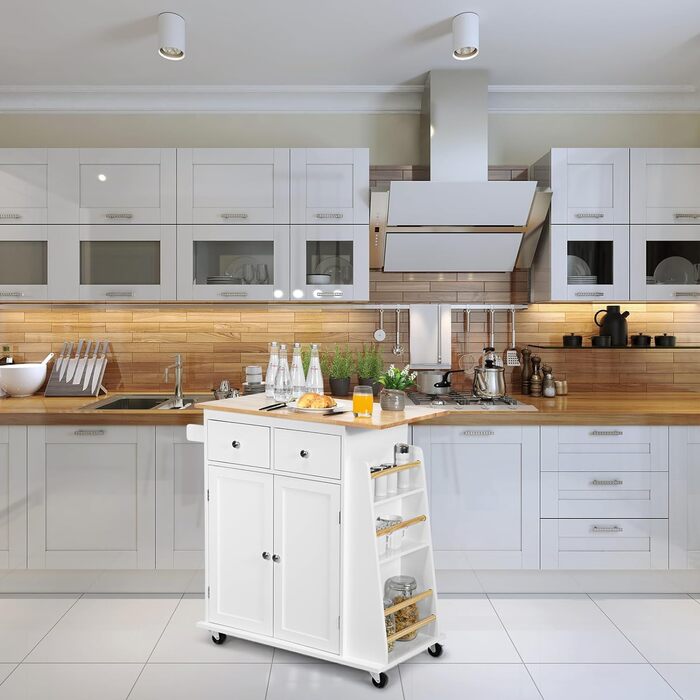 Кухонний візок KOMFOTTEU 80x45 см, кухонний острів на коліщатках, кухонна шафа з висувними ящиками, підставка для спецій, кухонний візок (білий)