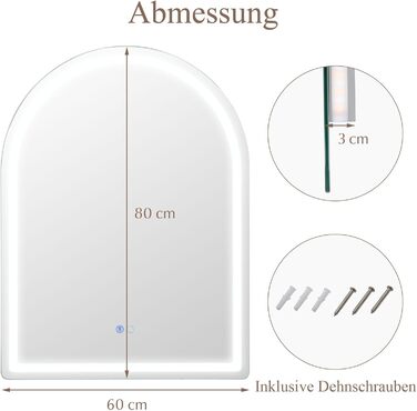 Дзеркало для ванної кімнати RELAX4LIFE з підсвіткою, настінне, напівкругле, 80 x 60 см, LED, сенсорне керування, функція пам'яті, запобігання запотіванню, без рами, 3 кольори світла, регулювання яскравості