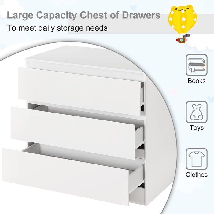 Комод-пеленальник WOLTU з пеленальним столиком, 3 висувні ящики, захист від перекидання, 86 см, білий