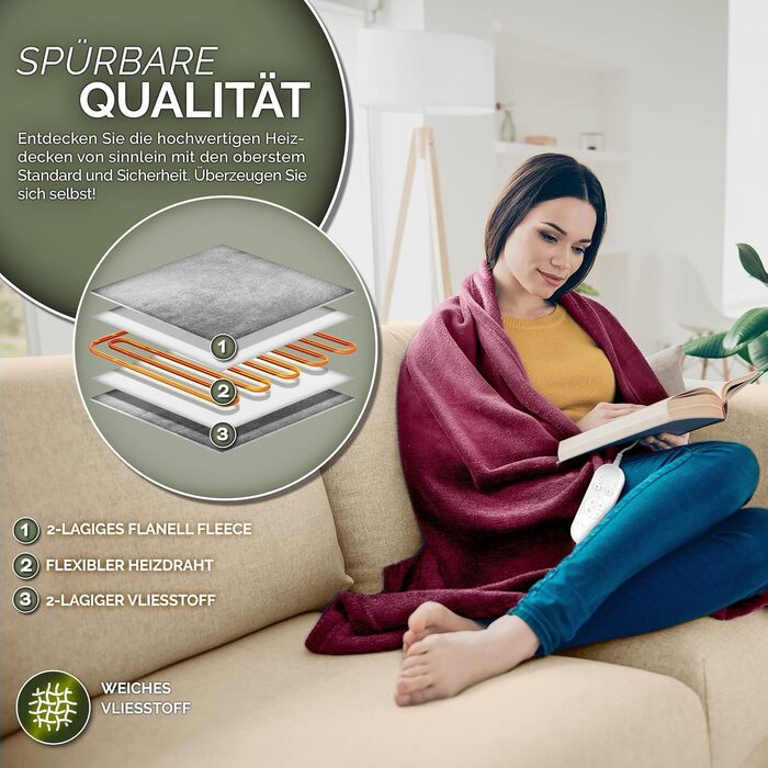 Електрична грілка з плюшу 200x180 см, сертифікат TÜV SÜD GS | З таймером, 9 температурних режимів, відключенням, цифровим дисплеєм, пральна до 40°C, бордовий колір