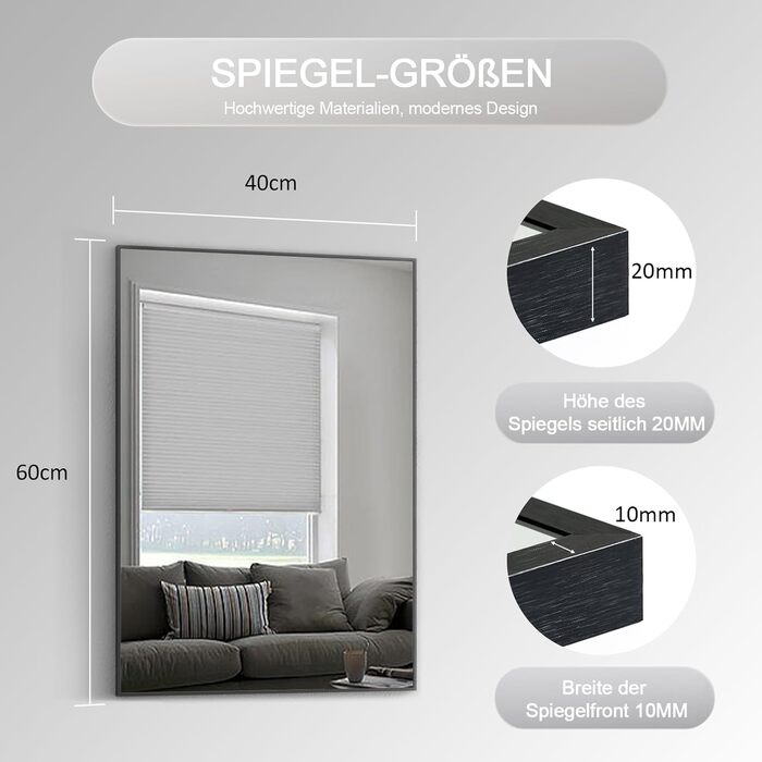 Дзеркало для ванної кімнати Spiegel Schwarz 40x60 см з металевим каркасом, прямокутне, для ванної, вітальні, спальні, гостьової кімнати