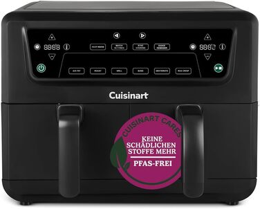 Фритюрниця Cuisinart XXL 10.4L з двома зонами, без PFAS та хімікатів. Брати, смажити, запікати, дегідратувати та підтримувати тепло. 2 камери (2 x 5.2L), 8+ порцій. Деталі придатні для миття в посудомийній машині. Чорний колір.