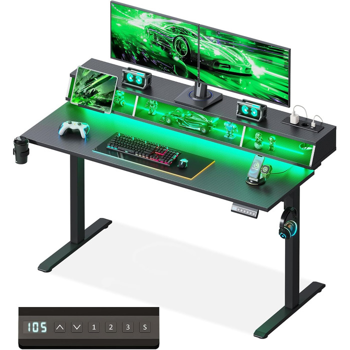 Офісний стіл для геймінгу OffiGo, 140 см, регульована висота, RGB LED, розетки, 3 полиці, тримач для напоїв та навушників, стільниця з карбону, білий (чорний)