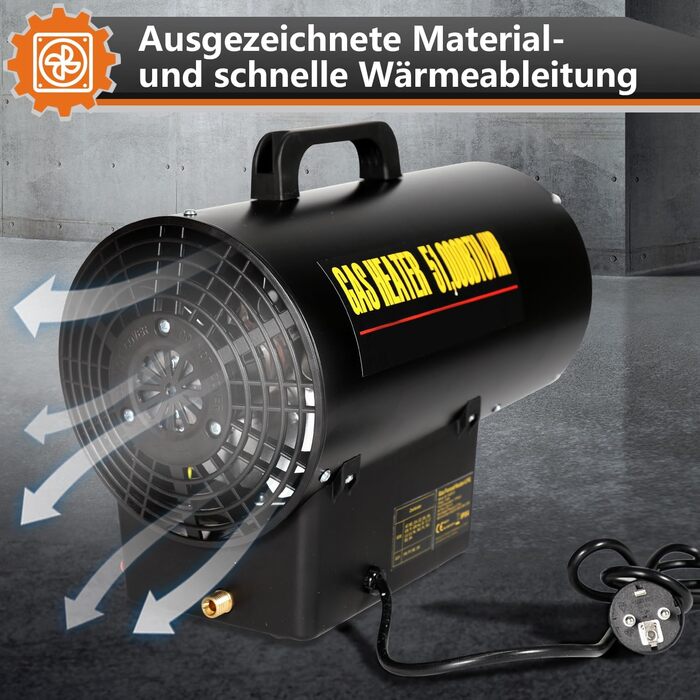 Газовий нагрівач з вентилятором, 15 кВт, з газовим шлангом 1,2 м та редуктором тиску 700 мбар, нержавіюча сталь, Piezo-запалювання, з ручкою