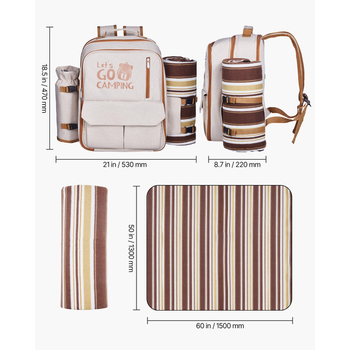 Рюкзак для пікніка VEVOR на 4 особи (20 л) з ізольованим холодильником, підстаканником/для вина та комплектом посуду для кемпінгу та пікніків, бежевий