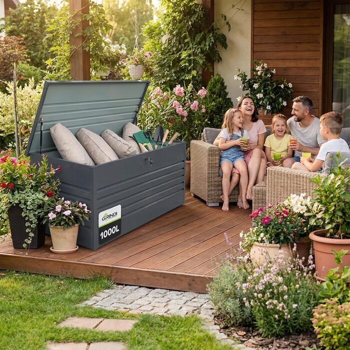 Водонепроникна садова скриня Grindi Morus 600л для подушок, інструментів, вуличний ящик для зберігання на балкон, терасу, в гараж (Сірий)