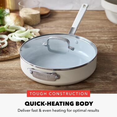 Набір кухонного посуду GreenPan x Bobby Flay 13 предметів: професійний алюміній, керамічне антипригарне покриття без PFAS та PFOA, індукційний, силіконовий ручка, сумісний з посудомийною машиною (4.5QT сковорода з кришкою, кремовий)