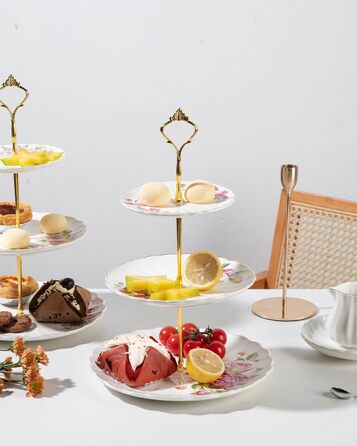 Стійка для тістечок Sweejar Home 3-ярусна керамічна, етажерка для тортів, десертів, капкейків, чаювання, сервірування їжі (свіжі квіти)