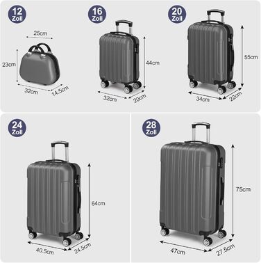 Набір валіз LALAHO 5 шт. з косметичками, ABS, турквіс (смужки)