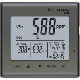 Вимірювач CO2 Trotec BZ30 – Монітор якості повітря, вологості та температури. Діапазон вимірювання 0-9999 ppm, похибка ±75 ppm + 5%, даталогер на 50000 значень з пам'яттю даних