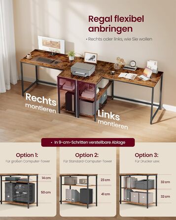 Кутовий стіл VASAGLE L-подібної форми з полицею, для офісу та дому, 110 x 80 см, vintage brown