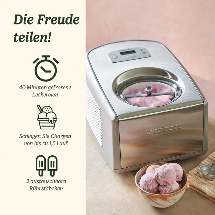 Машина для морозива та джелато Cuisinart ICE100BCU, нержавіюча сталь, 1.5 л, автоматична, для морозива, джелато, сорбету, замороженого йогурту, без попереднього заморожування чаші