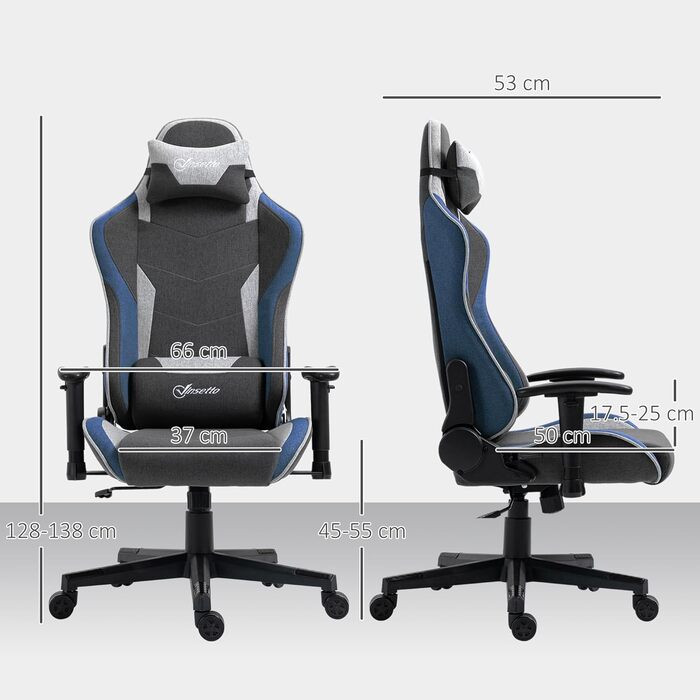 Крісло ігрове Vinsetto Ergonomic з регулюванням висоти, підголівником та поперековою підтримкою, блакитне