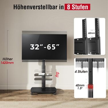 Підставка для телевізора мобільна з поличками Holz, 32-65 дюйми, чорна, VESA 400x400, до 40 кг