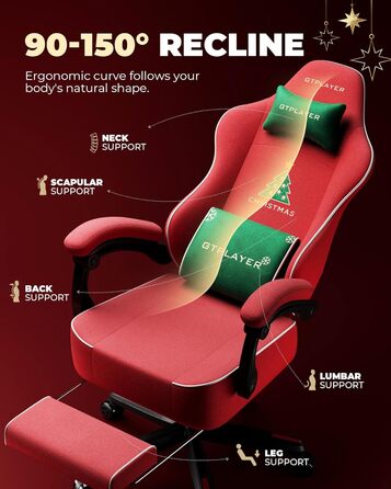 Ігровий крісло GTPLAYER з різдвяним мотивом, з підніжкою, широке сидіння, з подушкою для спини та синхронізованими підлокітниками для великих людей, велюр, червоний, на Різдво