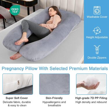 Подушка для вагітних SHANNA U-подібної форми, подушка для сну на боці, подушка для годування, комфортна подушка для дорослих, тілоподібна подушка, велюрова, темно-сіра, 70 x 145 см