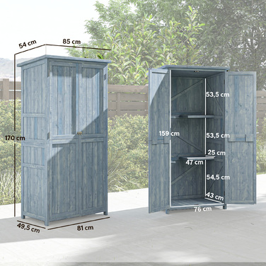 Садовий шафка з дерева, стійкий до погодних умов, навіс для інструментів з подвійними дверима, магнітний замок, для саду, тераси, 85 x 54 x 170 см, сірий