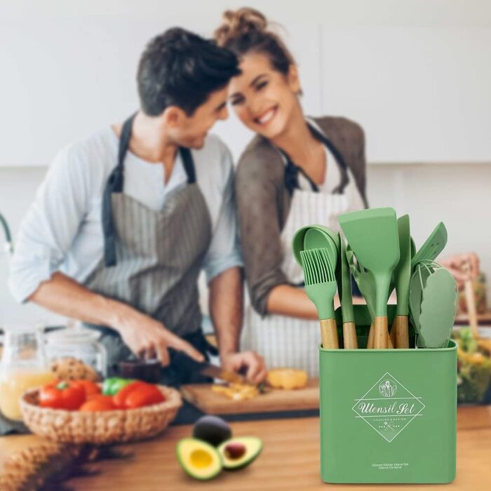 Набір кухонних аксесуарів 13шт, силікон, стійкий до високих температур, з дерев'яною ручкою (авокадо-зелений)