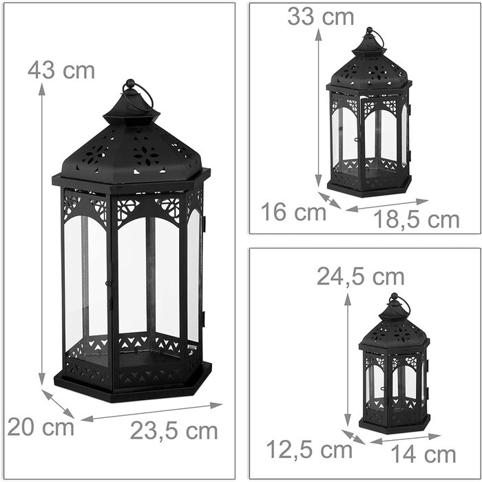 Набір ліхтарів Relaxdays з 3 предметів, декоративні ліхтарі для зовнішнього і внутрішнього освітлення, 3 розміри, вінтажні, ретро-ліхтарі для свічок, чорні