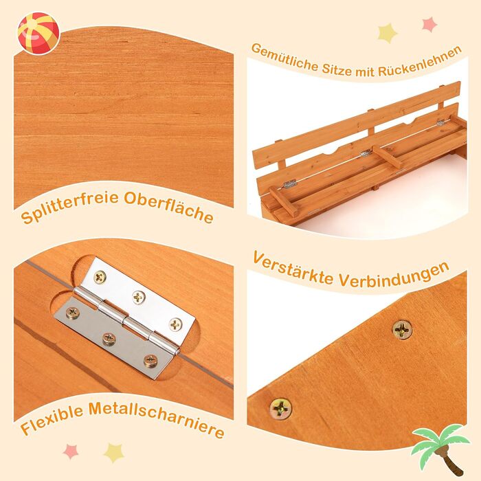 Пісочниця COSTWAY з лавками, 120x120 см, дерев'яна, з кришкою та підстилкою, для дітей, на вулицю, для саду, балкону, тераси