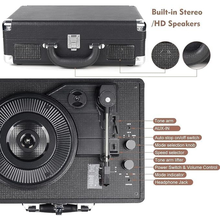 Вініловий програвач Bluetooth Vintage, 3 швидкості 33/45/78 об/хв, вбудовані стереодинаміки, RCA та AUX-вхід, чорний