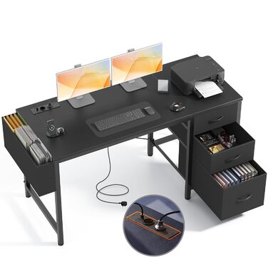 Компактний письмовий стіл Claiks з 3 висувними ящиками, 100x60 см. Комп'ютерний стіл з розетками та USB-портами для дому та офісу. Чорний колір