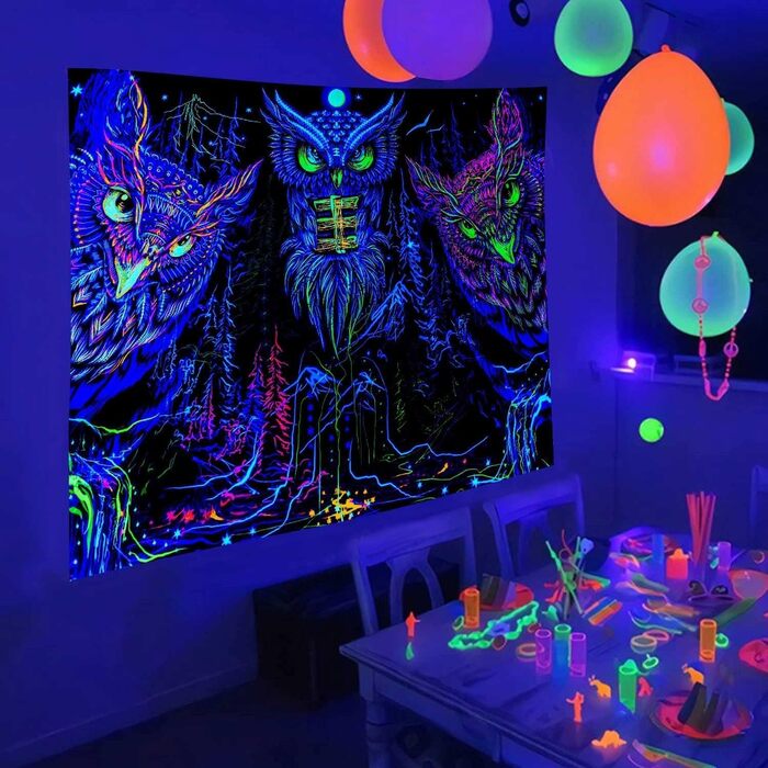 Сова Хижий Птах Бохо - Гобелен, що світиться в темряві - Blacklight UV Reactive - 200 x 150 см