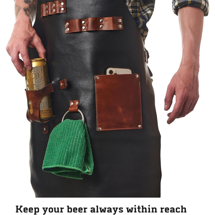 Чорний шкіряний фартух для гриля з тримачем для пива, BBQ фартух для майстра гриля - міцний, з кишенями, регульовані бретельки