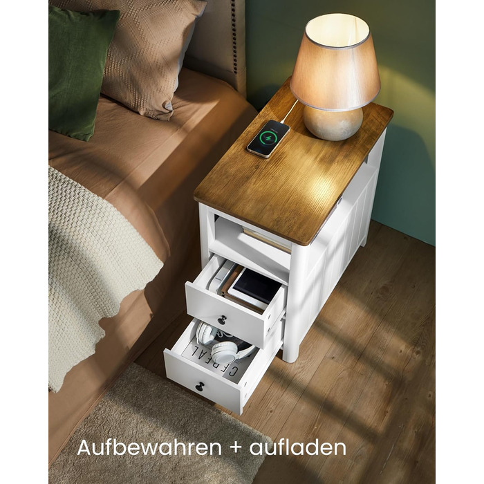 Приставний столик VASAGLE з розетками, 2 шухляди, для невеликих кімнат, стиль марина, горіхово-білий (LET327W14)