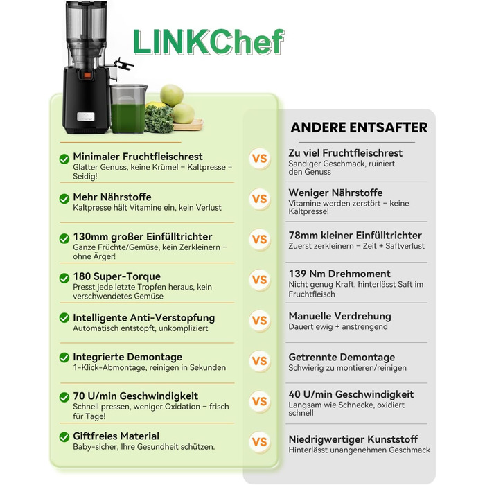 LINKChef Slow Juicer: повільний соковичавник для овочів та фруктів, 1.8 л, з функцією реверсу, BPA Free