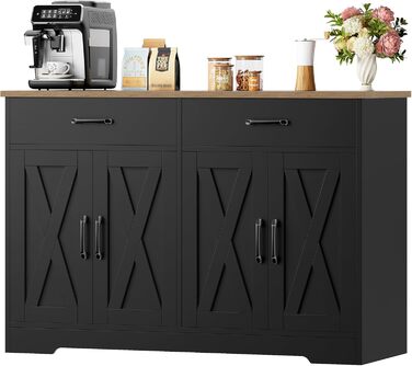 Тумба під ТВ HOCSOK 120 см, кухонна шафа з робочою поверхнею, буфет для зберігання з 2 висувними ящиками та 4 дверцятами, для вітальні, кухні, передпокою, чорний & коричневий