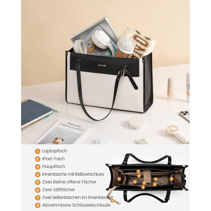 LOVEVOOK Сумка для ноутбука, жіноча велика водонепроникна сумка-шоппер з PU шкіри, для роботи, навчання, 15.6 дюймів (Чорний+бежевий)