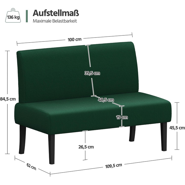 Диван-лавка Yaheetech на 2 місця, зелений, без підлокітників, для вітальні/коридору/офісу
