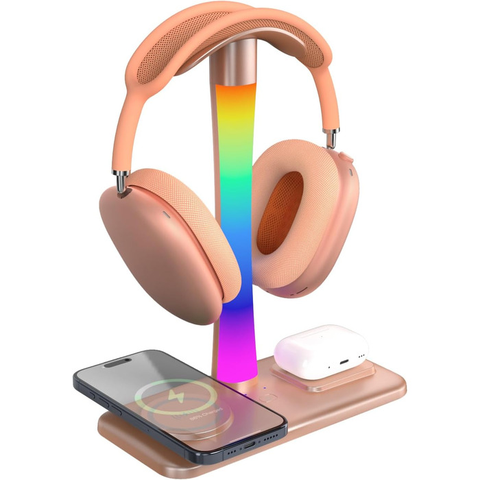 Підставка для навушників з бездротовим зарядним пристроєм, RGB-підсвічування, сумісна з AirPods Max, iPhone, Samsung, ідеальний подарунок для геймерів (Золото)