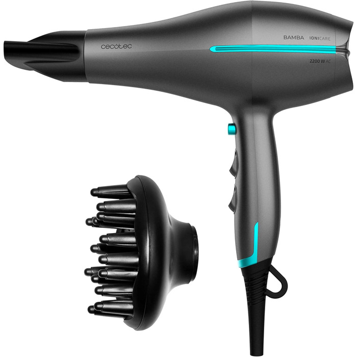 Фен Cecotec Bamba IoniCare 5300 Maxi Aura: 2200 Вт, AC-двигун, холодний струмінь, дифузор та концентратор, чорний