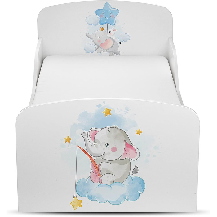 Дерев'яне ліжко Leomark з функціями для дітей - ліжко з матрацом, боковиками та ламелями, розмір спального місця 70/140 см, друк UV (Дитячий слон)