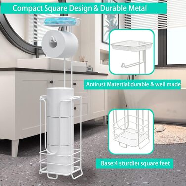 Тримач для кухонного рулону Стоячий тримач для серветок з нержавіючої сталі для зберігання туалетного паперу, тримач для кухонного рулону з нековзним дном Органайзер для рулонів з нержавіючої сталі (білий, вдосконалений з полицею)