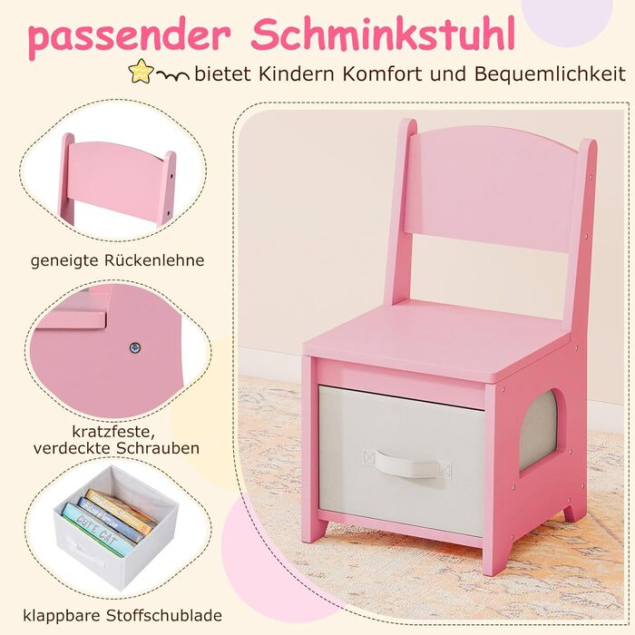 Дитячий туалетний столик COSTWAY у формі ведмедика з підсвічуванням, дзеркалом та шафкою. 5 ящиків та полиці, дерев'яний туалетний столик для дівчаток від 3 років. Рожевий колір, у формі хмари.