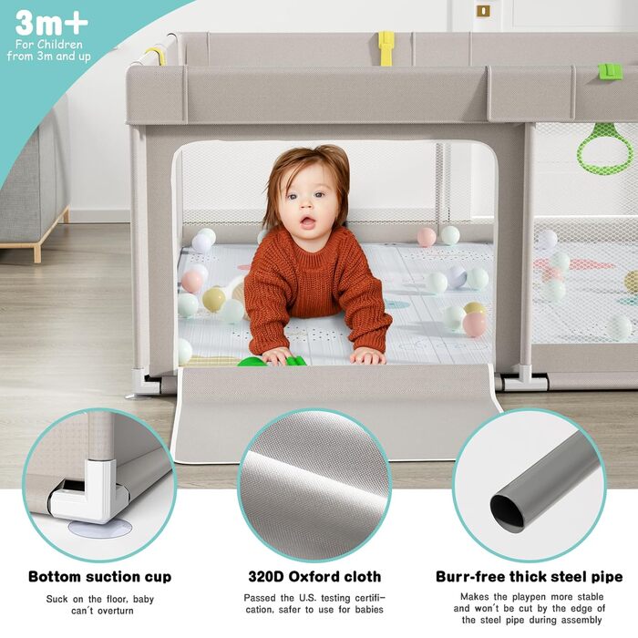 Дитячий манеж Uanlauo 150x150 см з ігровим килимком, XXL манеж для дітей, ігровий простір для малюків на вулиці та вдома, з дверцятами на блискавці та 4 тримачами, 150x150 см