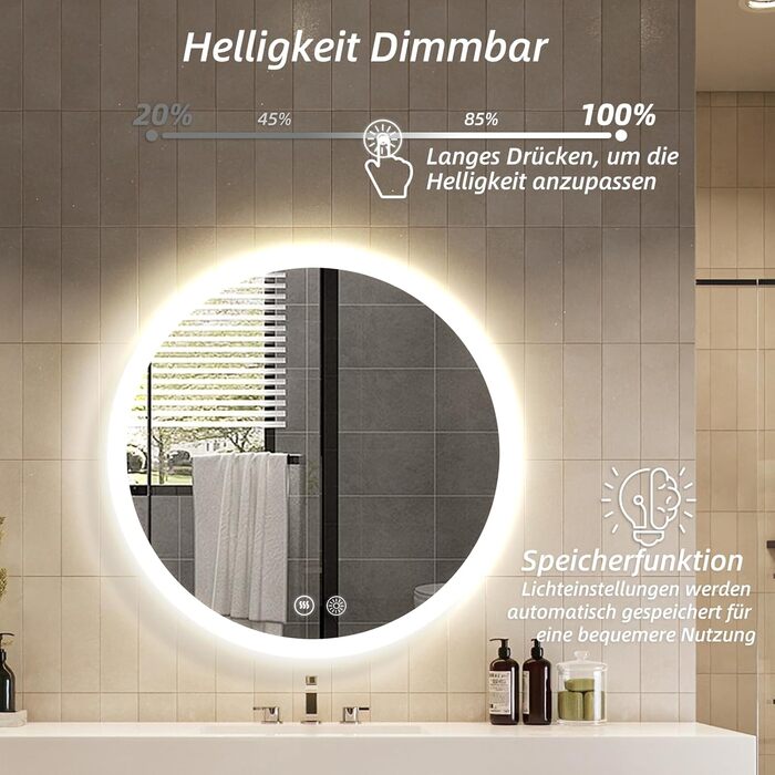 Дзеркало для ванної кімнати HySail з підсвічуванням, 5 мм, висока роздільна здатність, срібне покриття, 3 колірні температури, регульована яскравість, антизапарник, кругле, 60x60 см